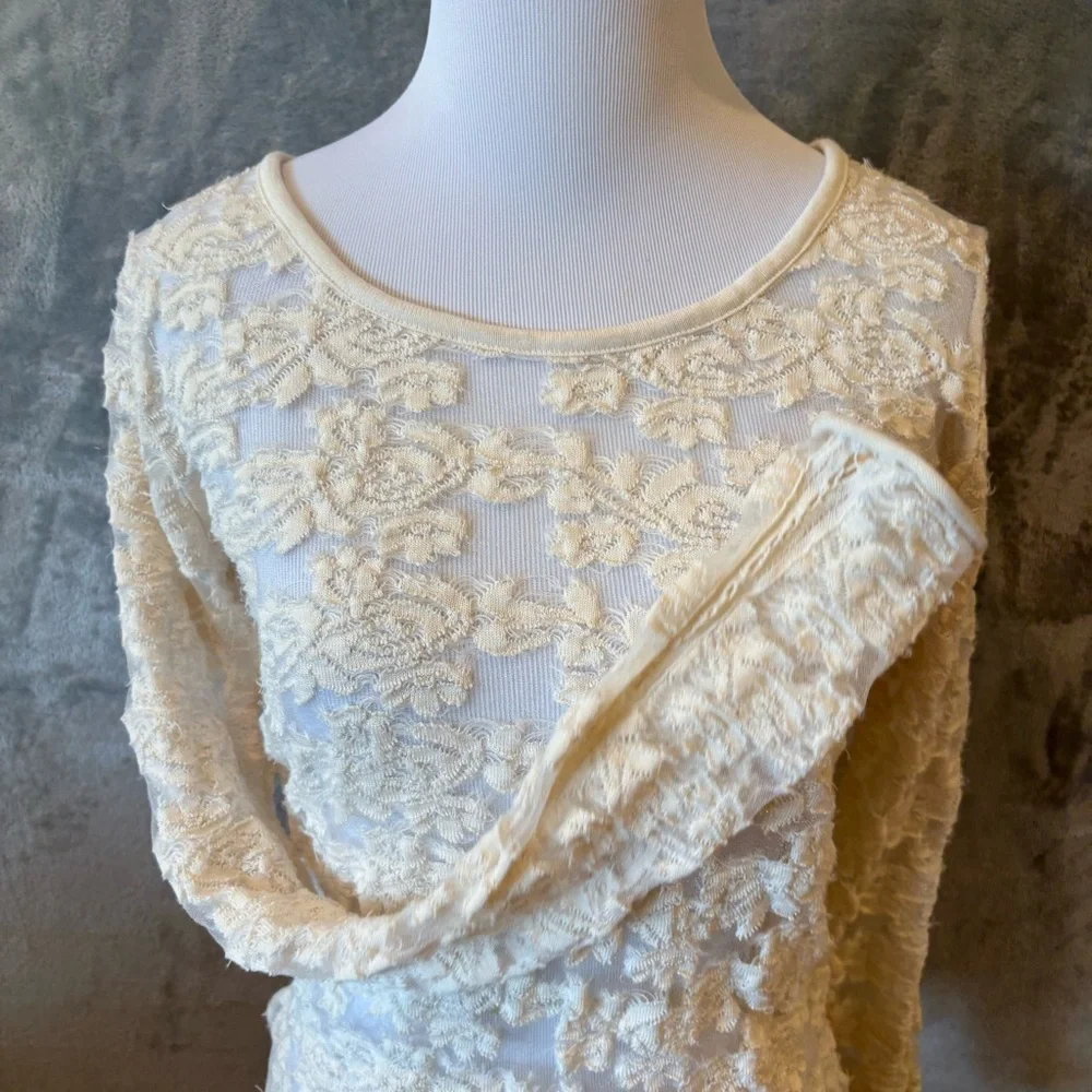 Free People Vintage Lace Embroidered Sheer Long-Sleeve Top Sz S